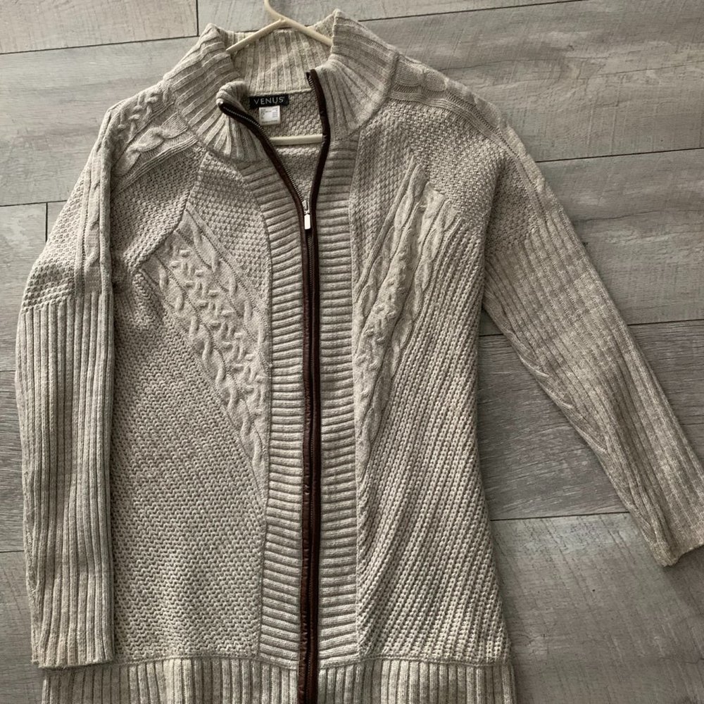 Venus Faux Leather Trim Zip Up Cardigan